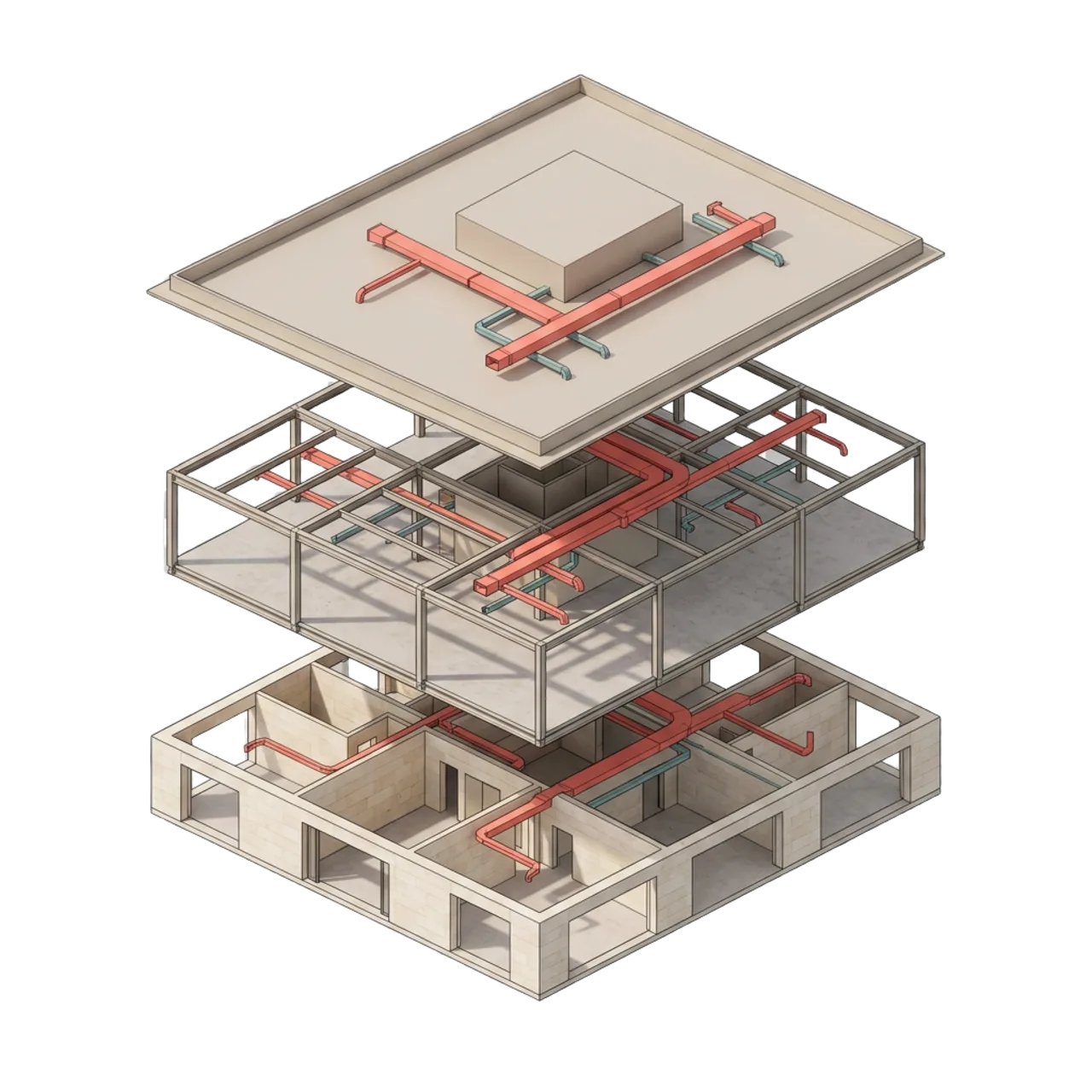 Exploded illustrative building model with architectural floor and roof assemblies, an exposed structural frame, and coral and blue-green routed services between layers.